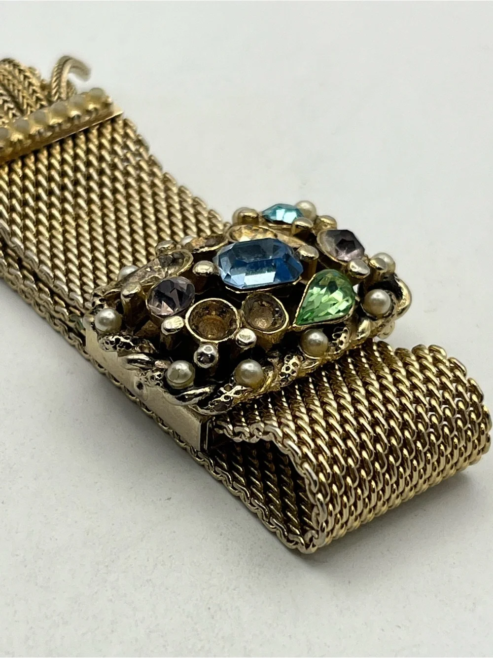 Victorian Revival gold tone mesh tassel slider adjustable rhinestone bracelet